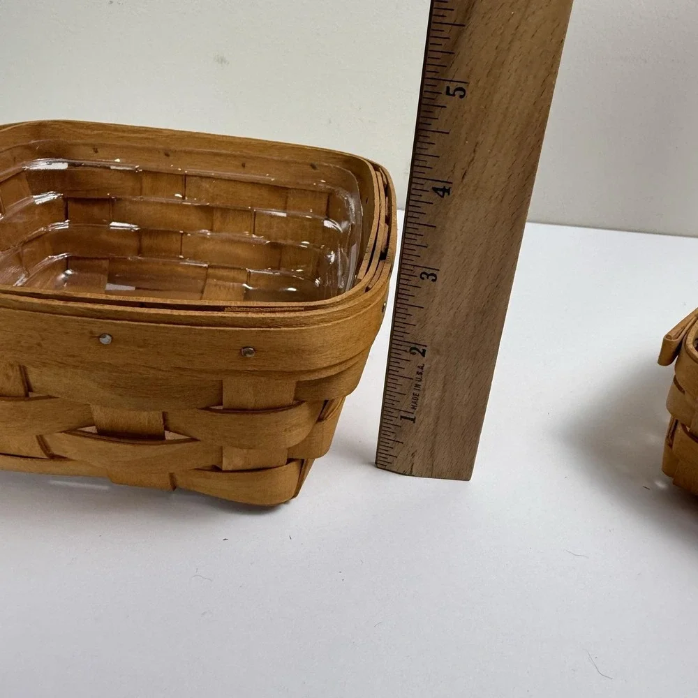 Vintage Longaberger Basket Set Of 2 Brown Handwoven Wood W Plastic Liners USA